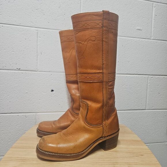 Vintage 70s Tall Campus Boots Mens 8 D Square Toe Orange USA Western - Picture 1 of 8